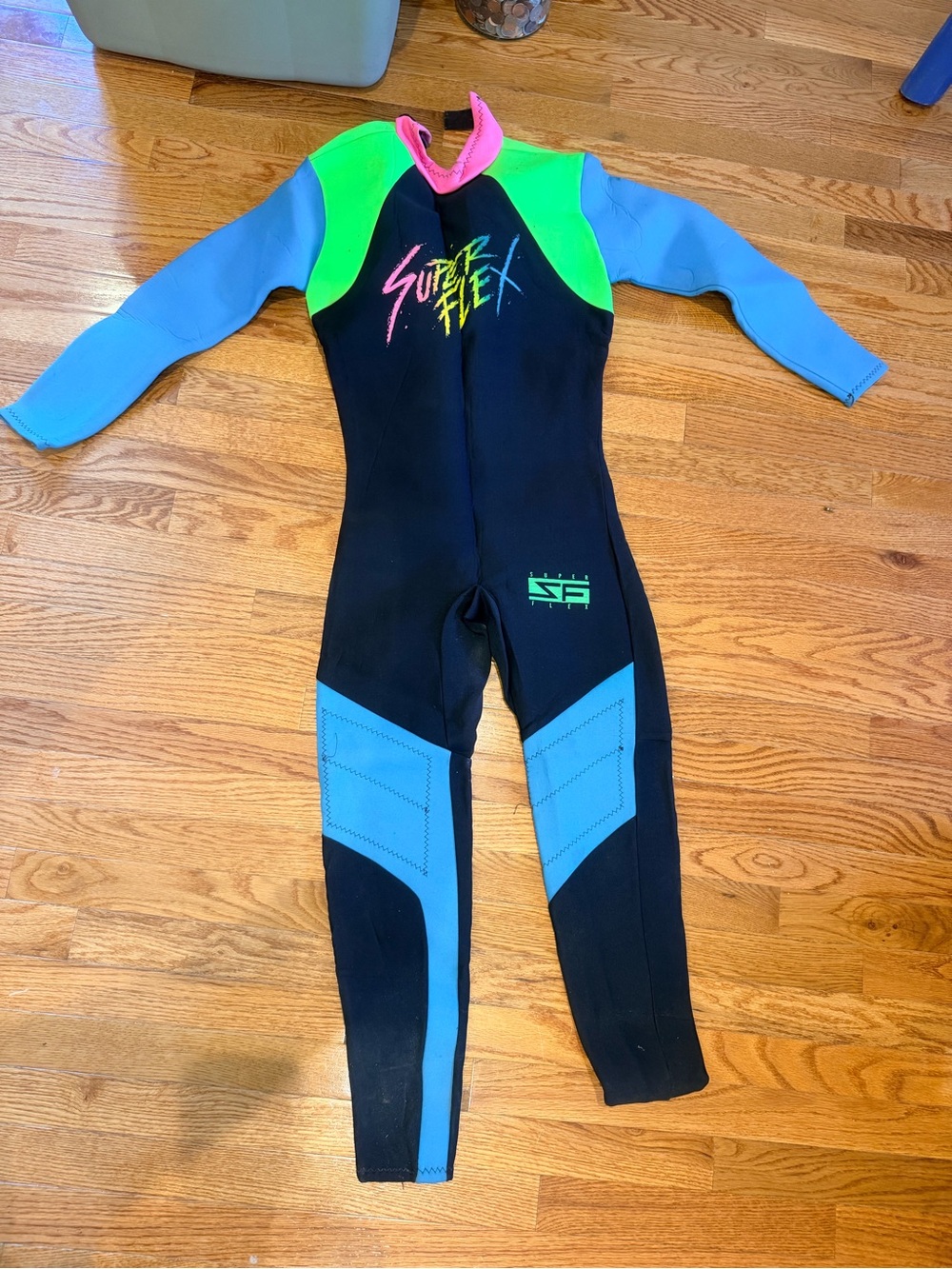 Super Flex Wetsuit - Black with Blue, Green & Pink Accents size small